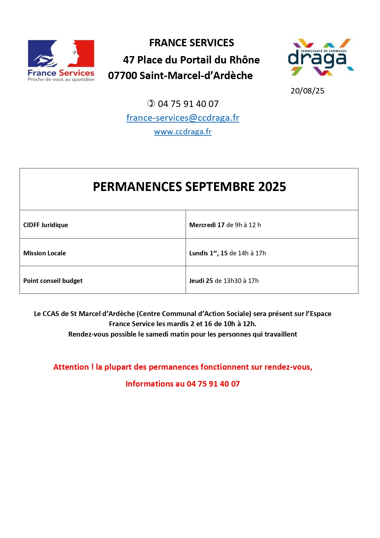 Permanences France services for September 2025.