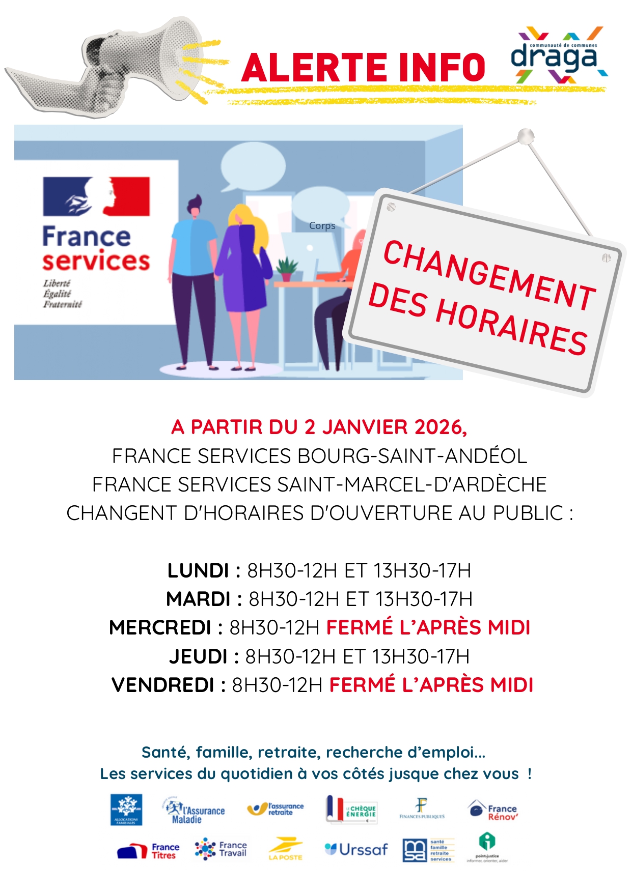 France Services - Changement des horaires à partir du 02 Janvier 2026