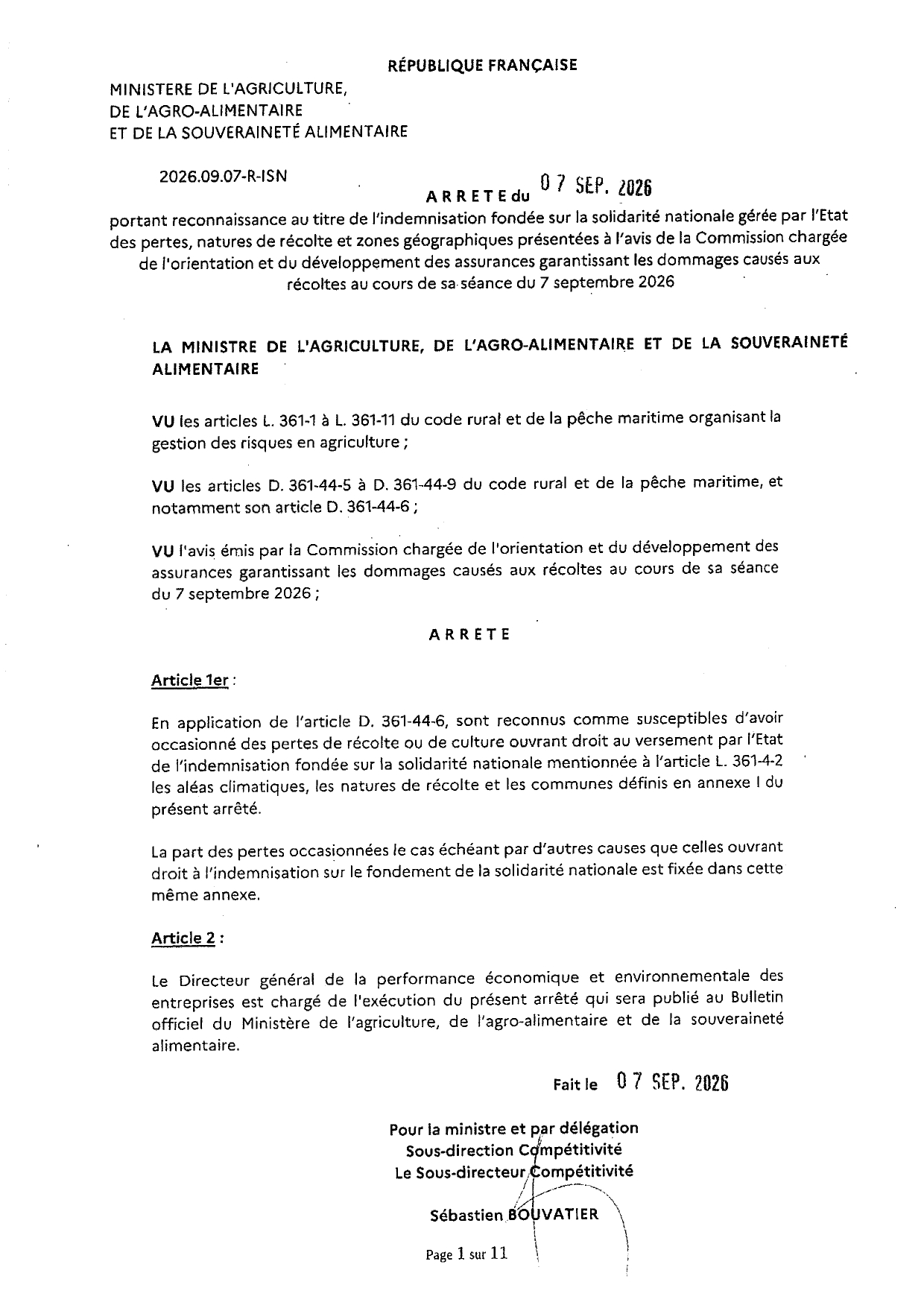 Decree recognising crop losses ISN 2026